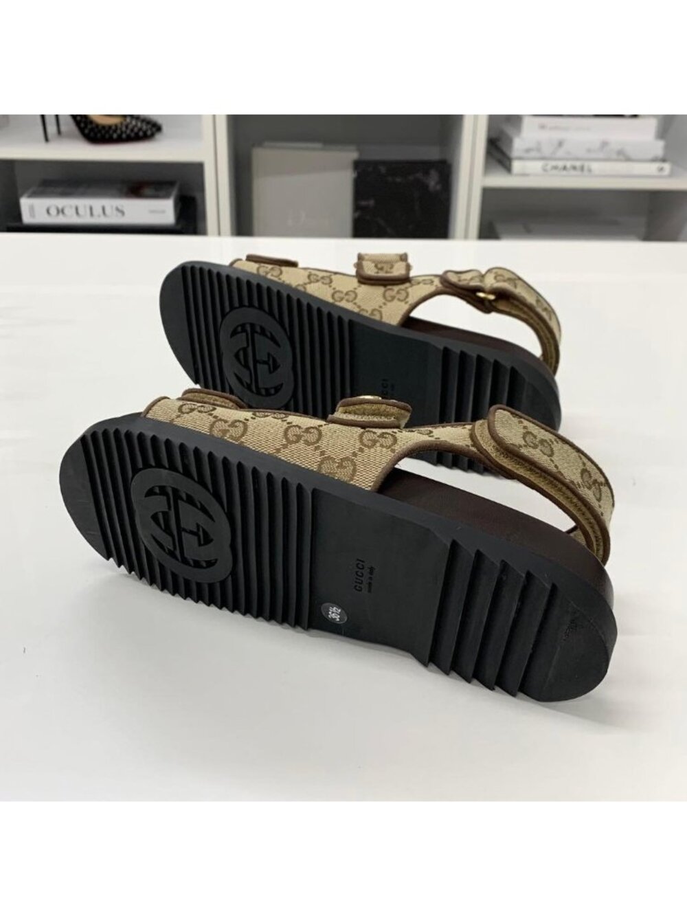 Gucci GG Marmont Canvas Double Strap Sandals Beige - Picture 6 of 10